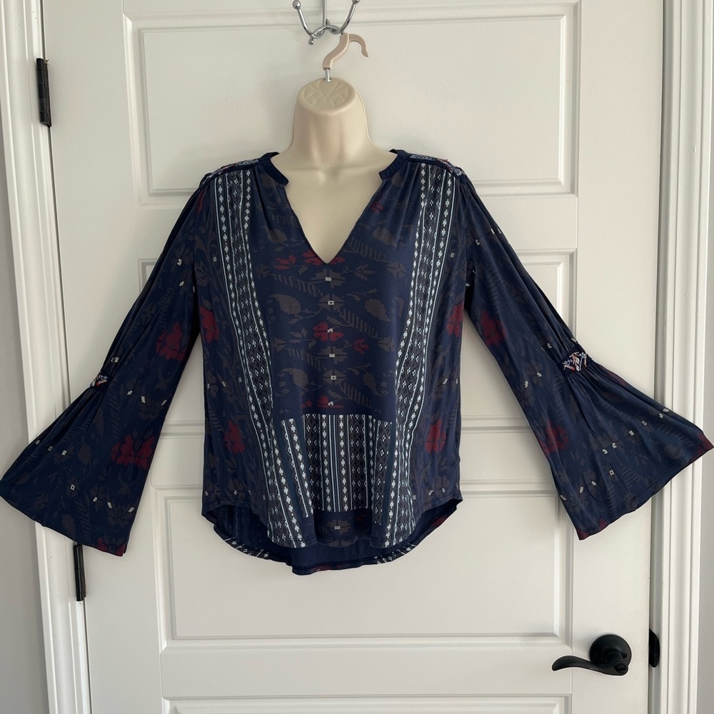 Lucky Brand Blouse Floral Geometric Long Bell Sleeve Tunic Top Boho Size S